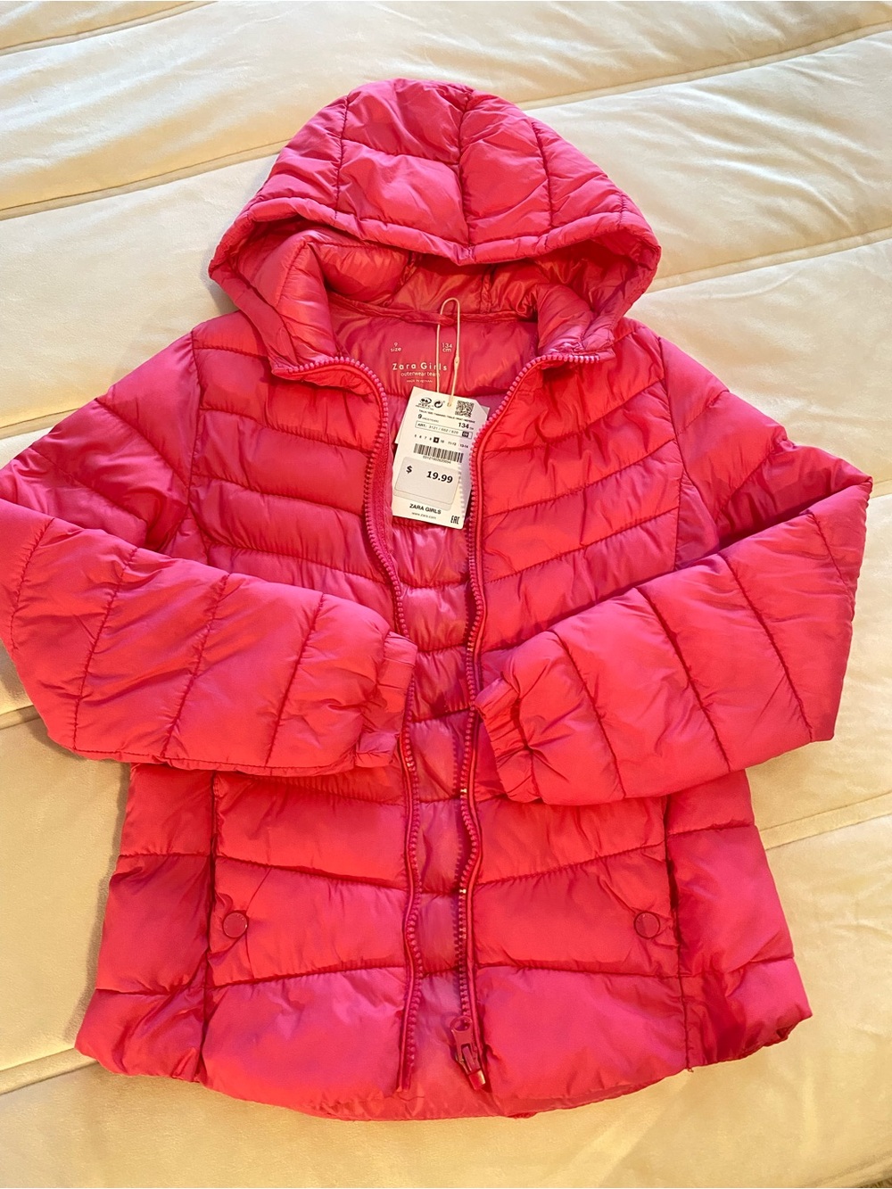 Zara Girls' Hooded Puffer Jacket - Bright Pink Sz9